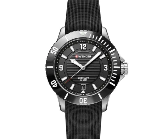 WENGER Orologio da polso da uomo con cronografo 42 mm, Swiss Made, analogico al quarzo, impermeabile fino a 100 m, cinturino in pelle, Nero/Blu/Nero, cinghia