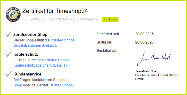 Timeshop24 - Trusted Shops Certificate