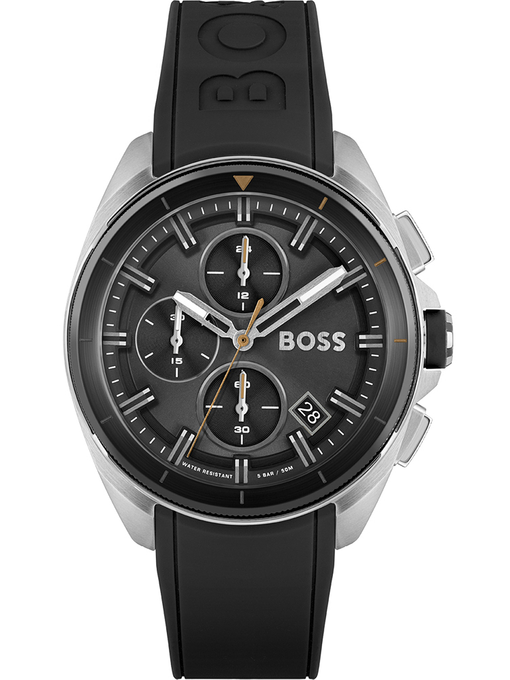 BOSS Montre Chronographe Quartz Homme 44 mm Collection Velocity avec Cadran Noir Texturé, Bracelet en Silicone Noir, Fonction Date, 3 sous-Cadrans, Résistance à l'eau 5ATM - 1513716